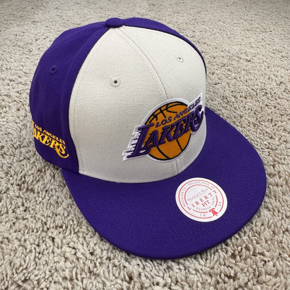 Los Angeles Lakers Hat Mitchell Ness Front Off Liberty Snapback Cream Purple Cap